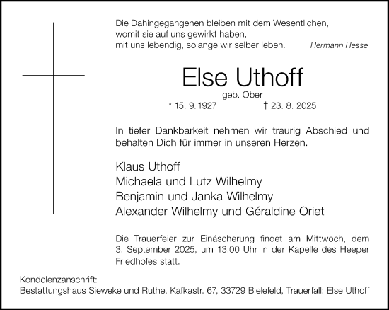 Traueranzeige von Else Uthoff von Neue Westfälische und Westfalen-Blatt