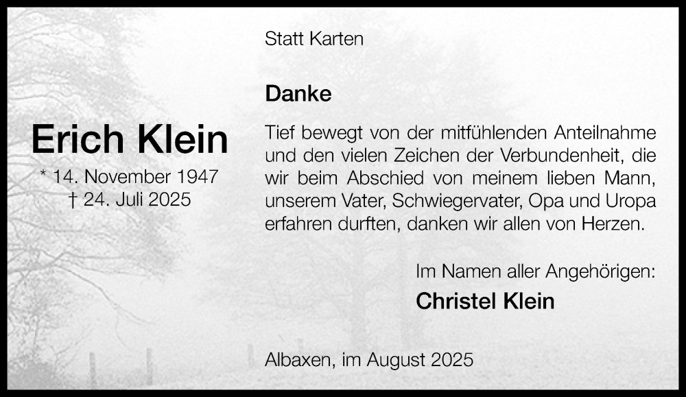 Traueranzeige für Erich Klein vom 23.08.2025 aus Neue Westfälische und Westfalen-Blatt