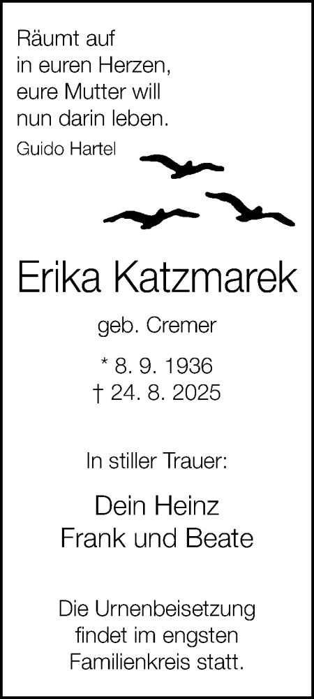  Traueranzeige für Erika Katzmarek vom 30.08.2025 aus Neue Westfälische und Westfalen-Blatt