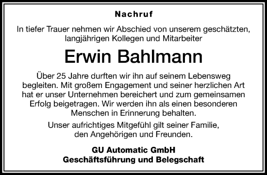 Traueranzeige von Erwin Bahlmann von Neue Westfälische und Westfalen-Blatt