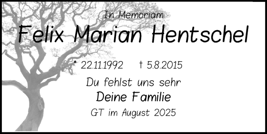 Traueranzeige von Felix Marian Hentschel von Neue Westfälische und Westfalen-Blatt
