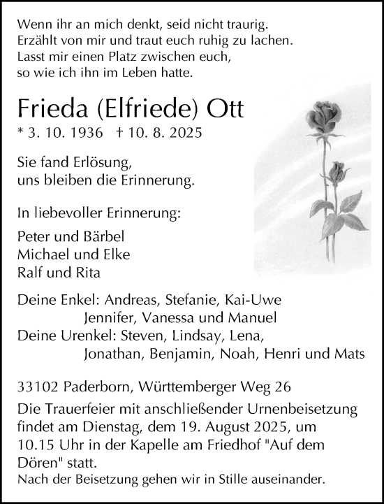 Traueranzeige von Frieda Ott von Neue Westfälische und Westfalen-Blatt