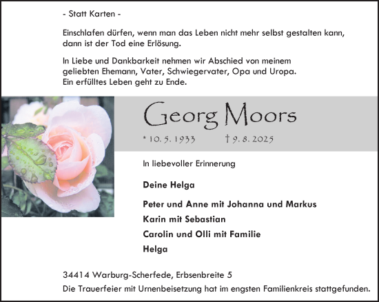 Traueranzeige von Georg Moors von Neue Westfälische und Westfalen-Blatt
