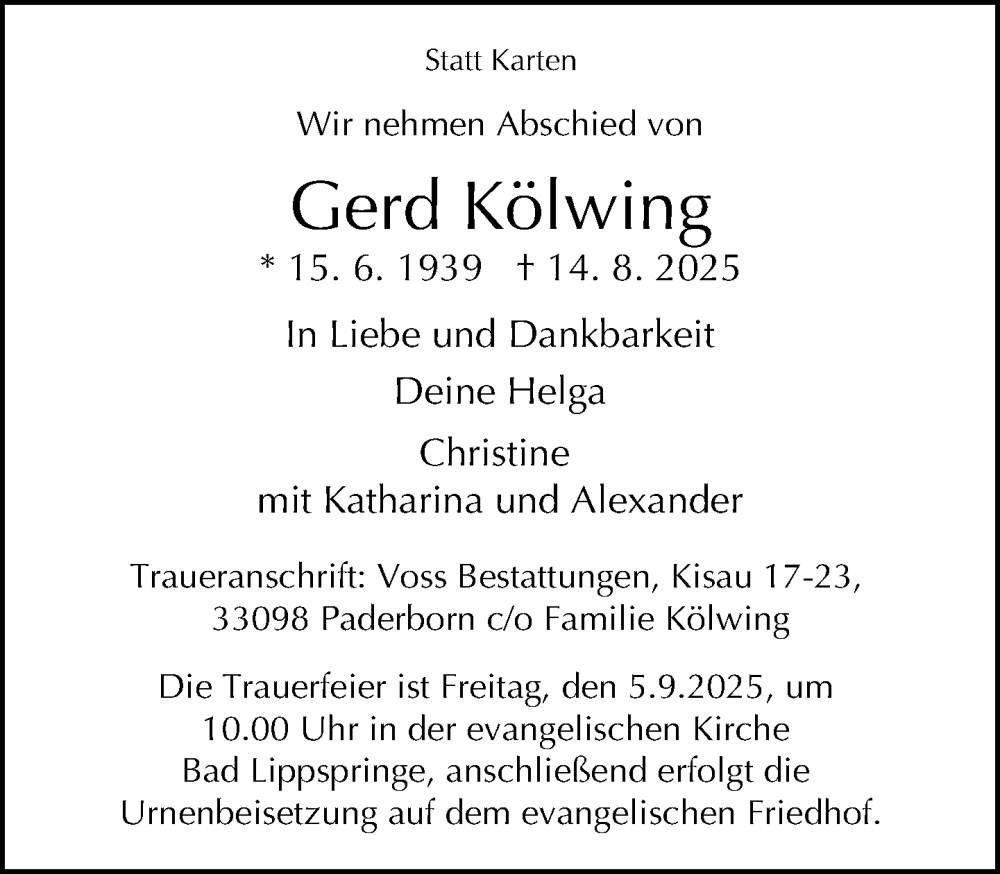  Traueranzeige für Gerd Kölwing vom 23.08.2025 aus Neue Westfälische und Westfalen-Blatt