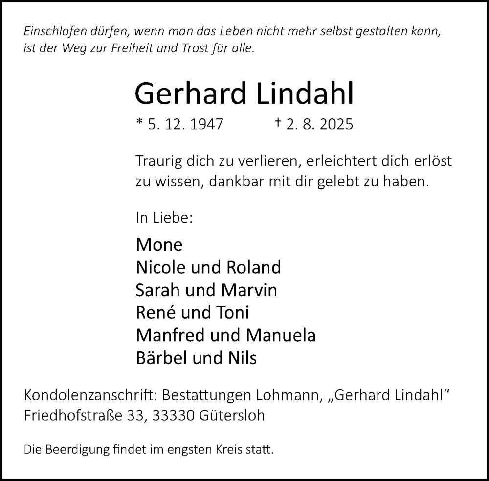 Traueranzeige für Gerhard Lindahl vom 14.08.2025 aus Neue Westfälische und Westfalen-Blatt