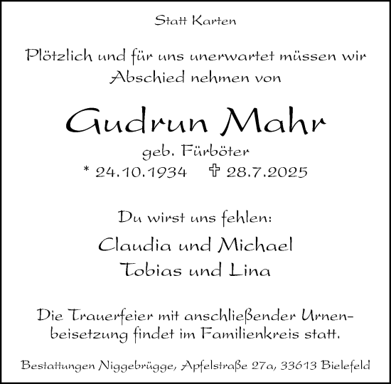 Traueranzeige von Gudrun Mahr von Neue Westfälische und Westfalen-Blatt