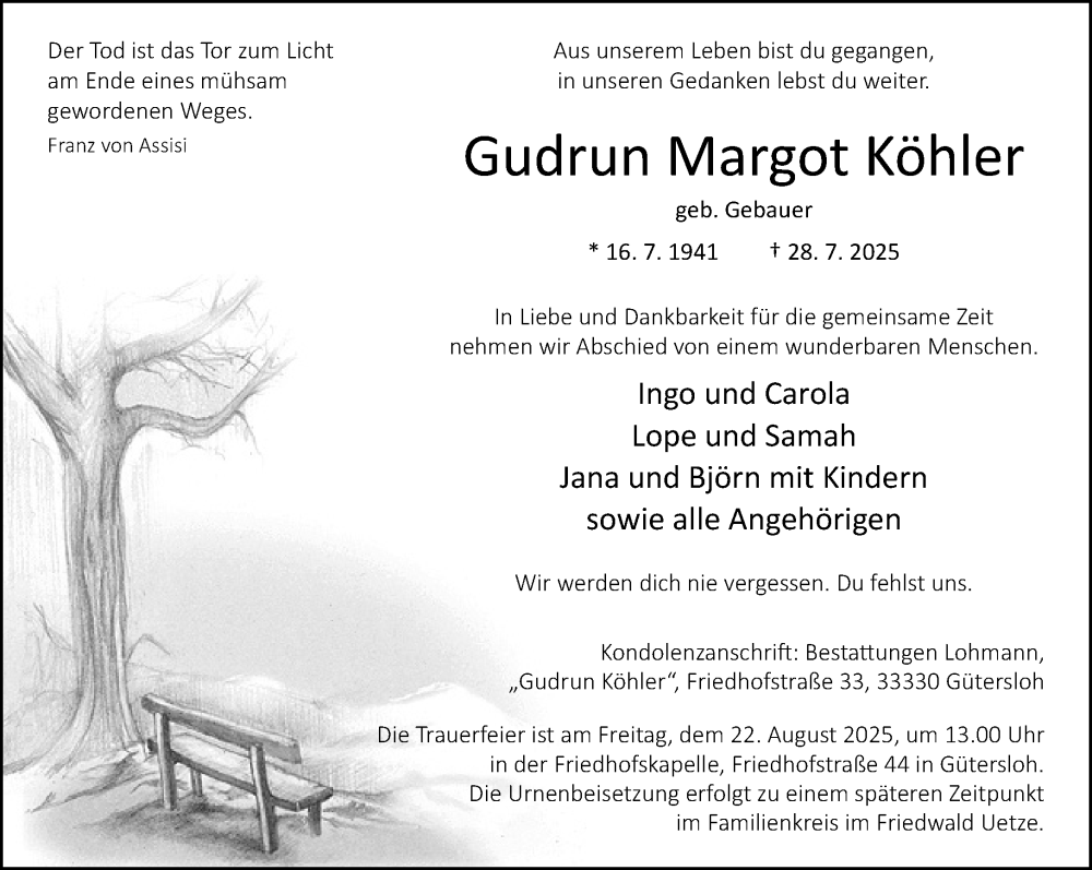  Traueranzeige für Gudrun Margot Köhler vom 09.08.2025 aus Neue Westfälische und Westfalen-Blatt