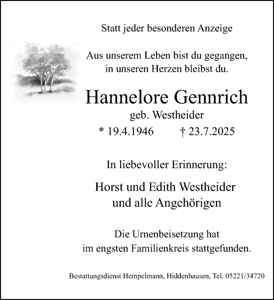 Traueranzeige von Hannelore Gennrich von Neue Westfälische und Westfalen-Blatt