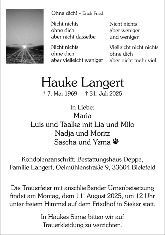 Traueranzeige von Hauke Langert von Neue Westfälische und Westfalen-Blatt