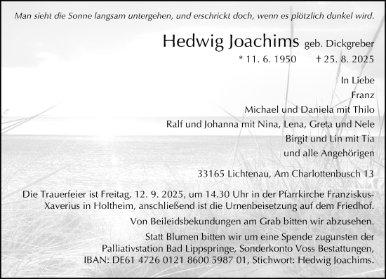 Traueranzeige von Hedwig Joachims von Neue Westfälische und Westfalen-Blatt