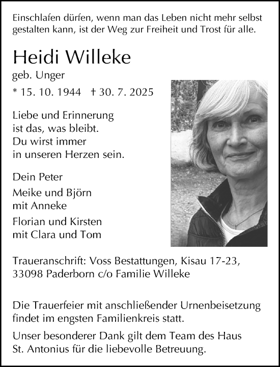Traueranzeige von Heidi Willeke von Neue Westfälische und Westfalen-Blatt