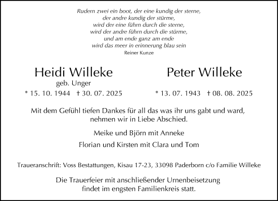 Traueranzeige von Heidi  Peter Willeke von Neue Westfälische und Westfalen-Blatt