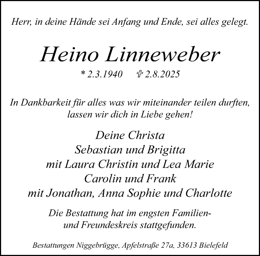  Traueranzeige für Heino Linneweber vom 16.08.2025 aus Neue Westfälische und Westfalen-Blatt