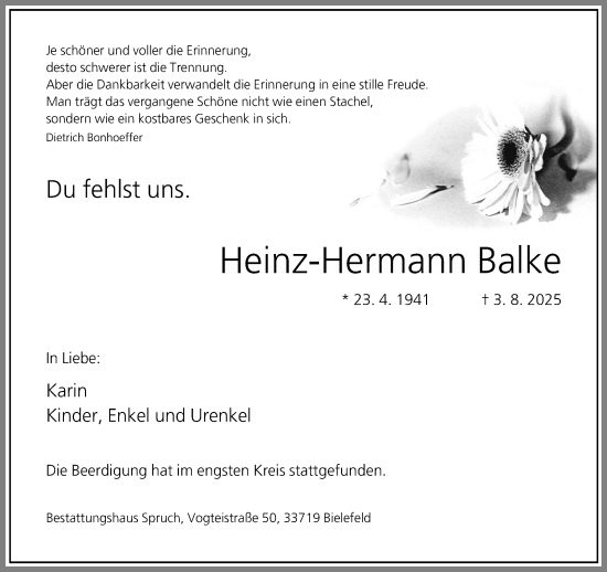 Traueranzeige von Heinz-Hermann Balke von Neue Westfälische und Westfalen-Blatt