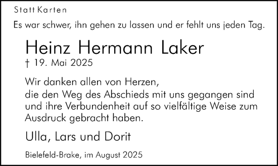 Traueranzeige von Heinz Hermann Laker von Neue Westfälische und Westfalen-Blatt