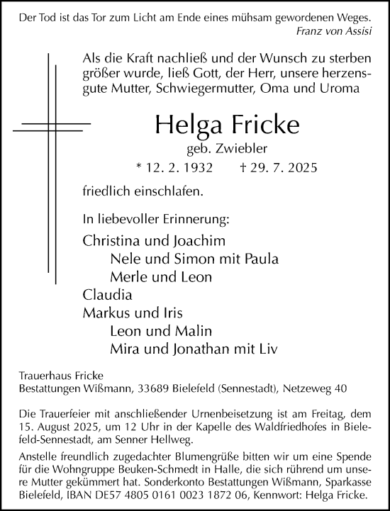 Traueranzeige von Helga Fricke von Neue Westfälische und Westfalen-Blatt