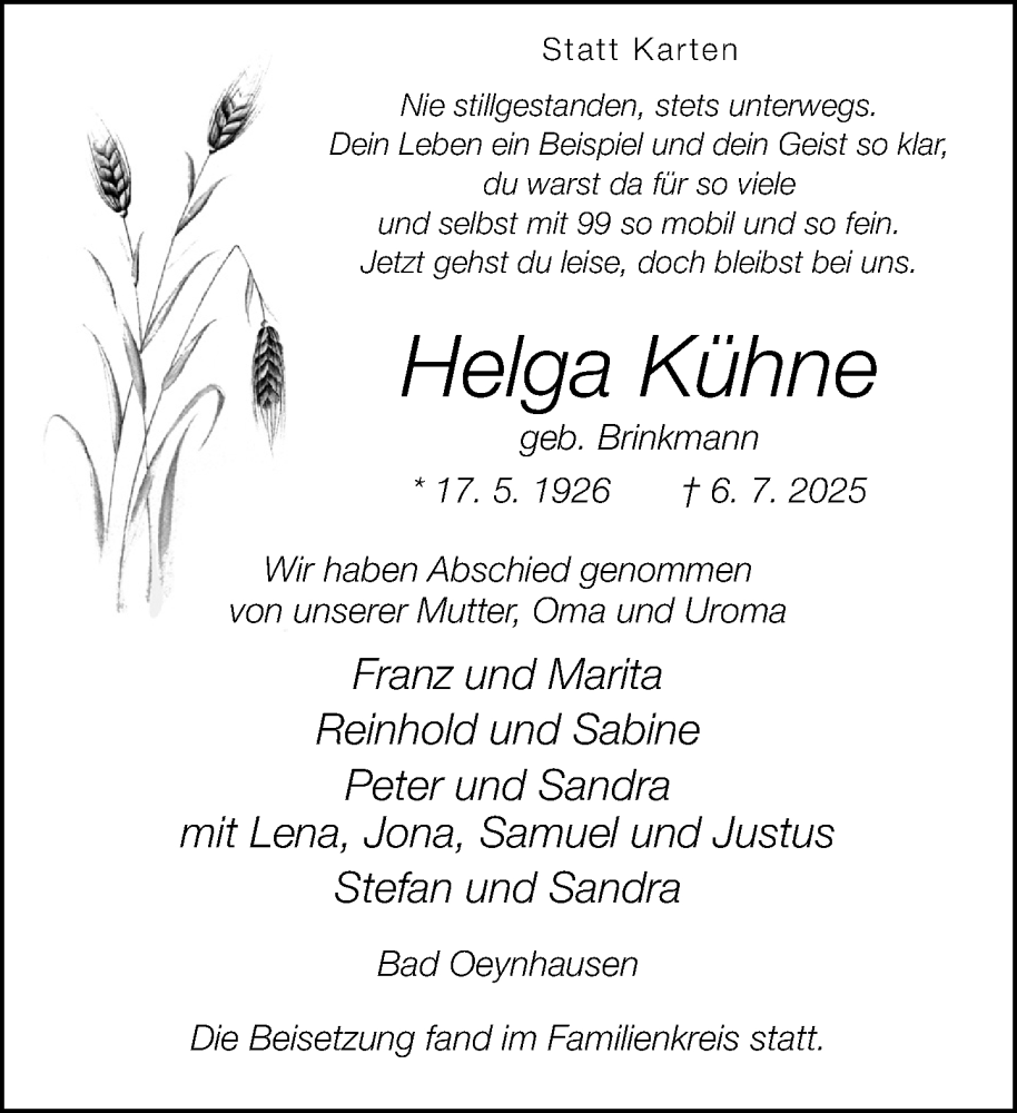  Traueranzeige für Helga Kühne vom 02.08.2025 aus Neue Westfälische und Westfalen-Blatt