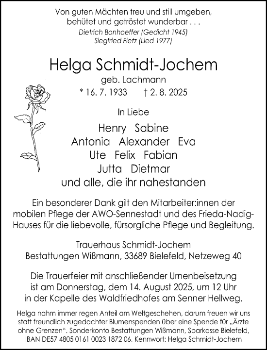 Traueranzeige von Helga Schmidt-Jochem von Neue Westfälische und Westfalen-Blatt