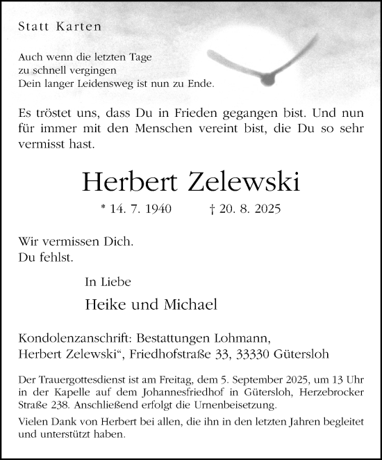 Traueranzeige von Herbert Zelewski von Neue Westfälische und Westfalen-Blatt