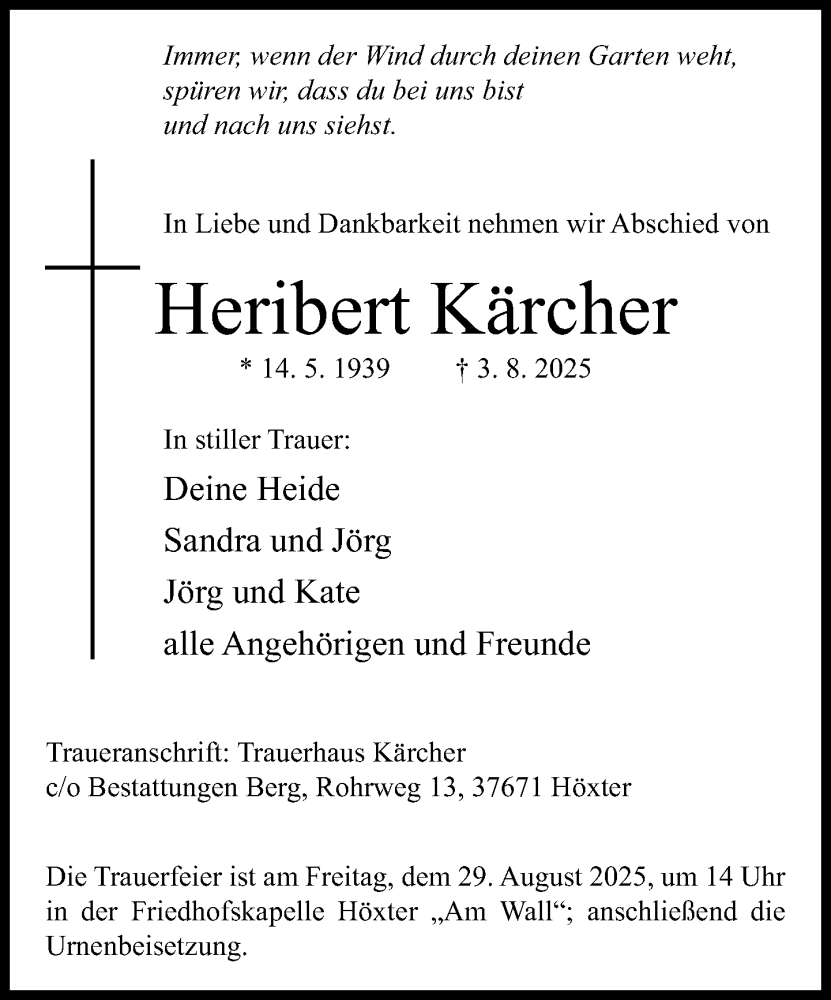  Traueranzeige für Heribert Kärcher vom 23.08.2025 aus Neue Westfälische und Westfalen-Blatt