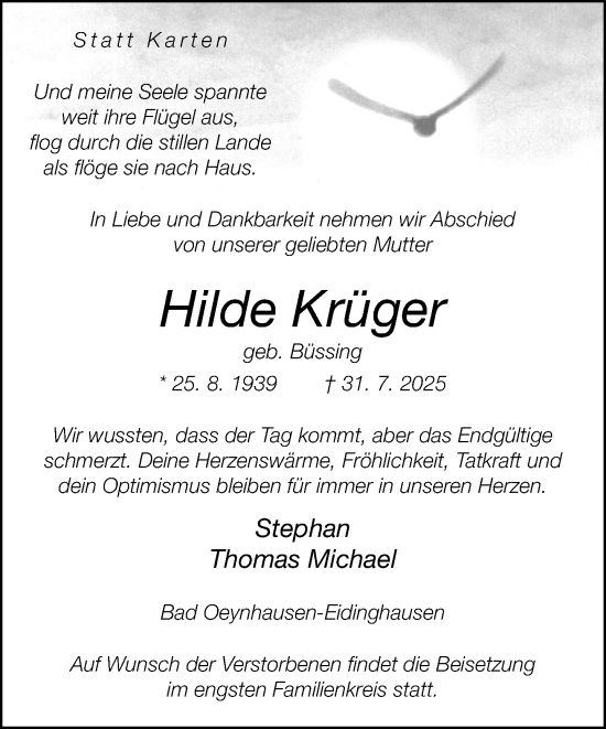 Traueranzeige von Hilde Krüger von Neue Westfälische und Westfalen-Blatt