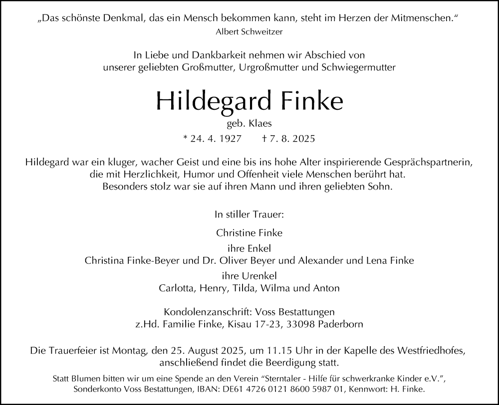  Traueranzeige für Hildegard Finke vom 16.08.2025 aus Neue Westfälische und Westfalen-Blatt