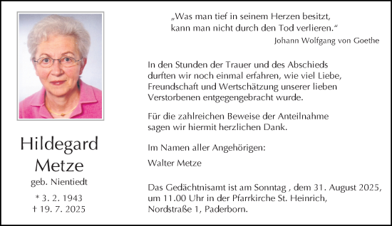 Traueranzeige von Hildegard Metze von Neue Westfälische und Westfalen-Blatt