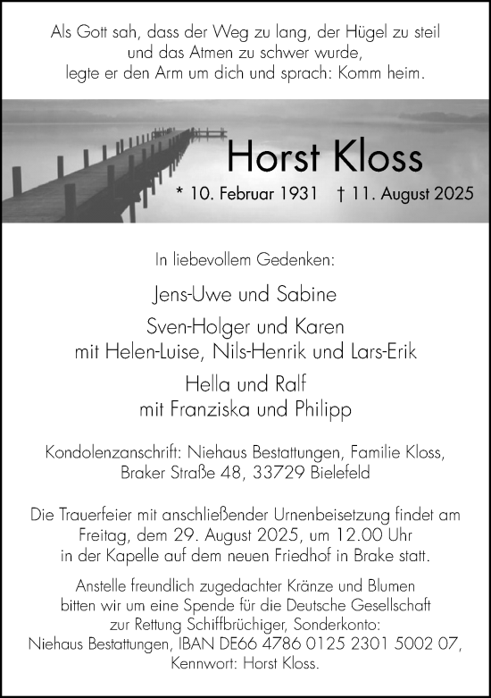 Traueranzeige von Horst Kloss von Neue Westfälische und Westfalen-Blatt