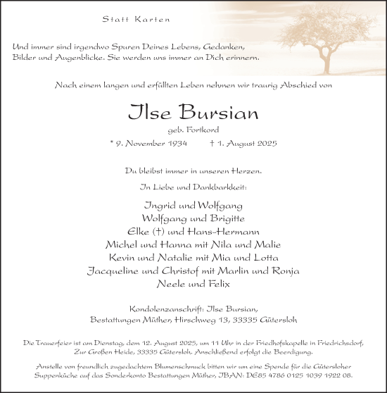 Traueranzeige von Ilse Bursian von Neue Westfälische und Westfalen-Blatt