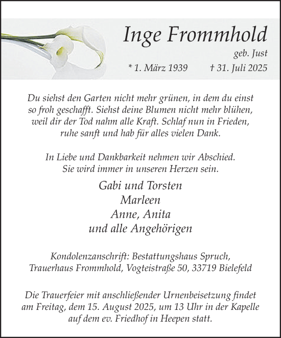 Traueranzeige von Inge Frommhold von Neue Westfälische und Westfalen-Blatt