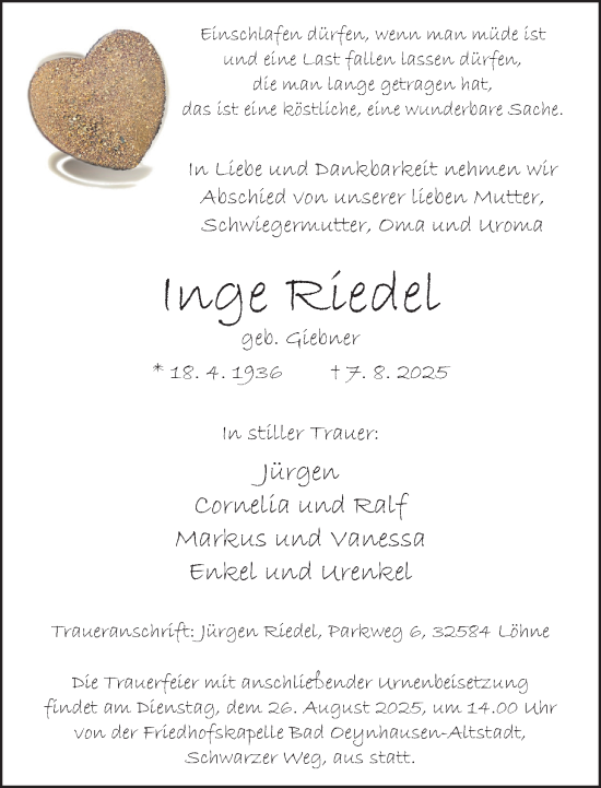 Traueranzeige von Inge Riedel von Neue Westfälische und Westfalen-Blatt