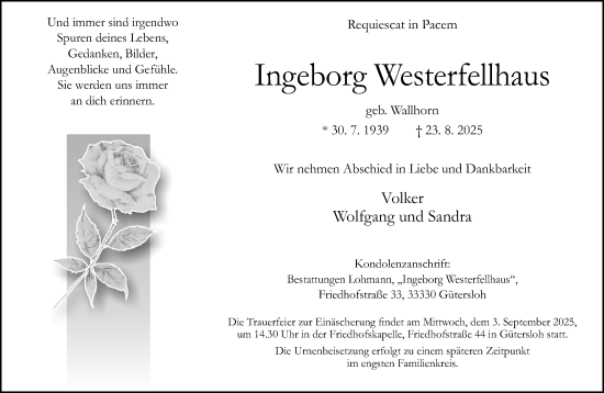 Traueranzeige von Ingeborg Westerfellhaus von Neue Westfälische und Westfalen-Blatt