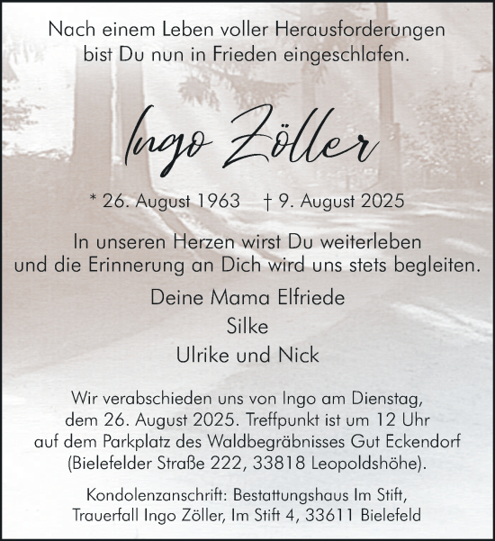 Traueranzeige von Ingo Zöller von Neue Westfälische und Westfalen-Blatt
