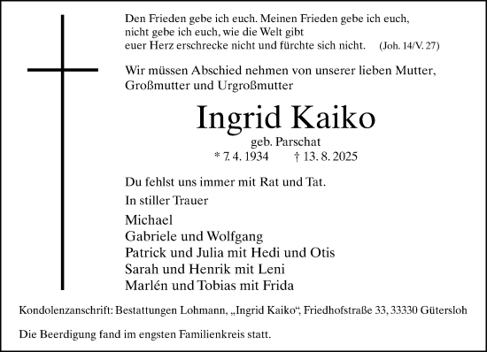 Traueranzeige von Ingrid Kaiko von Neue Westfälische und Westfalen-Blatt