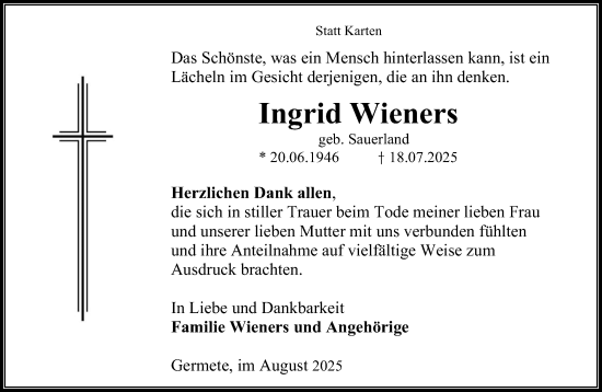 Traueranzeige von Ingrid Wieners von Neue Westfälische und Westfalen-Blatt