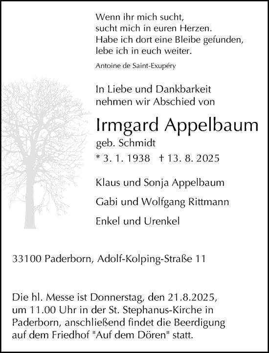 Traueranzeige von Irmgard Appelbaum von Neue Westfälische und Westfalen-Blatt