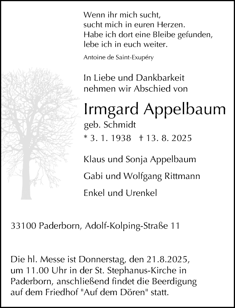  Traueranzeige für Irmgard Appelbaum vom 16.08.2025 aus Neue Westfälische und Westfalen-Blatt