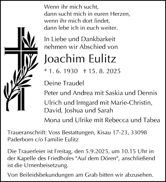 Traueranzeige von Joachim Eulitz von Neue Westfälische und Westfalen-Blatt