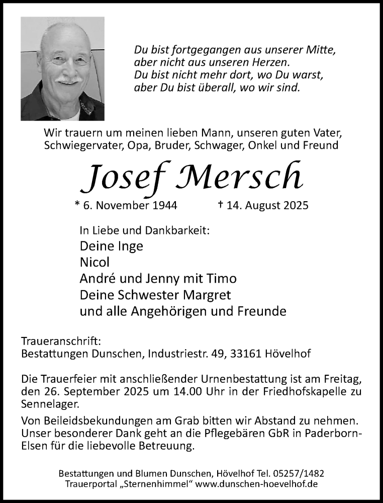  Traueranzeige für Josef Mersch vom 23.08.2025 aus Neue Westfälische und Westfalen-Blatt
