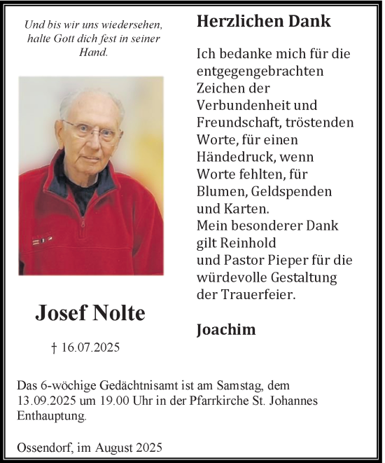 Traueranzeige von Josef Nolte von Neue Westfälische und Westfalen-Blatt