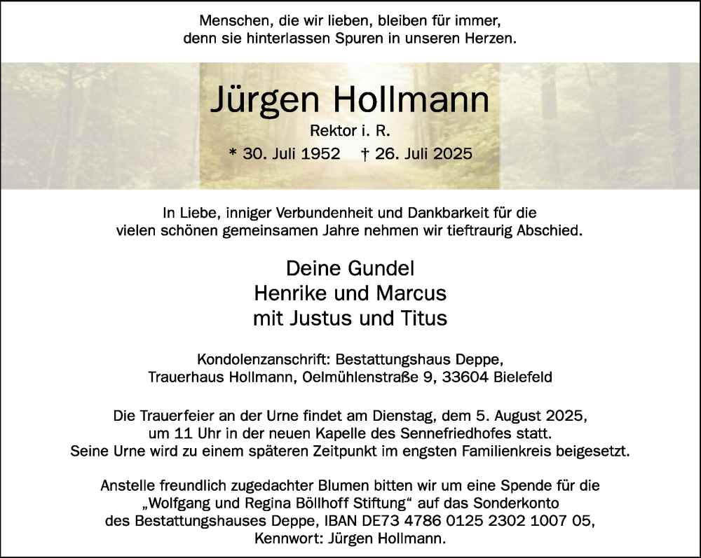  Traueranzeige für Jürgen Hollmann vom 02.08.2025 aus Neue Westfälische und Westfalen-Blatt
