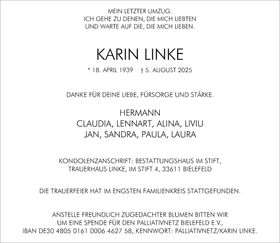 Traueranzeige von Karin Linke von Neue Westfälische und Westfalen-Blatt
