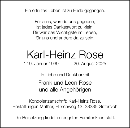 Traueranzeige von Karl-Heinz Rose von Neue Westfälische und Westfalen-Blatt