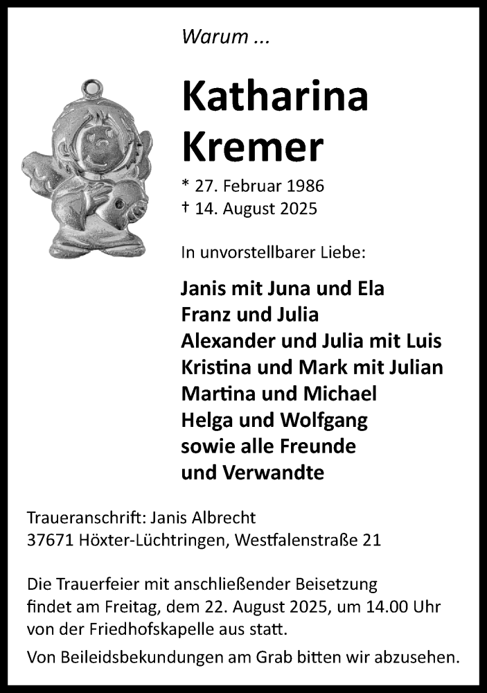  Traueranzeige für Katharina Kremer vom 19.08.2025 aus Neue Westfälische und Westfalen-Blatt