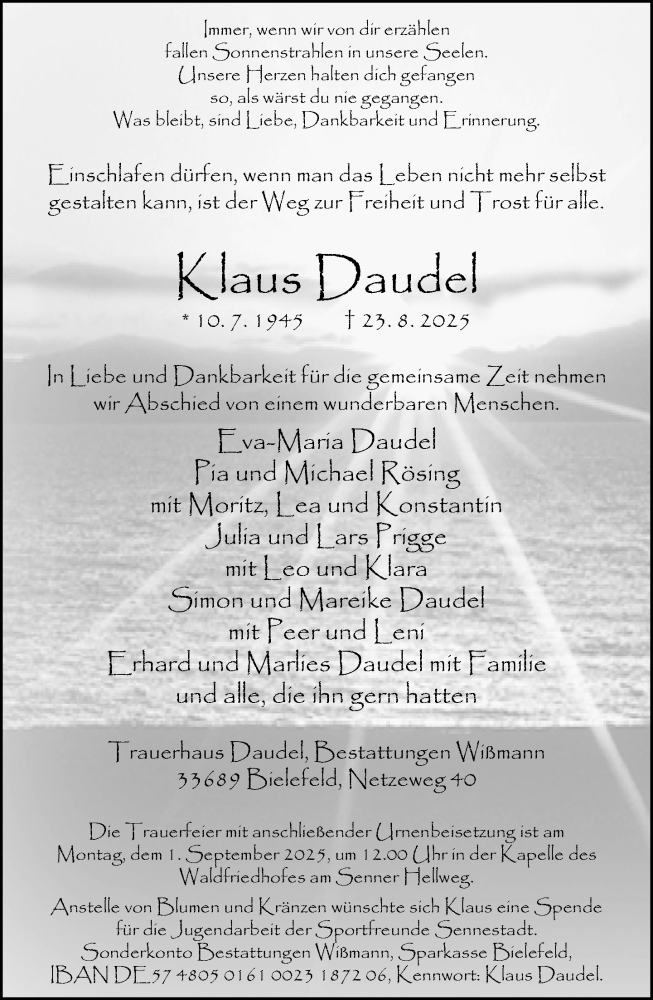  Traueranzeige für Klaus Daudel vom 30.08.2025 aus Neue Westfälische und Westfalen-Blatt