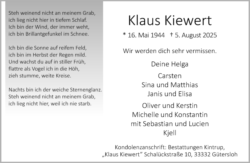  Traueranzeige für Klaus Kiewert vom 08.08.2025 aus Neue Westfälische und Westfalen-Blatt
