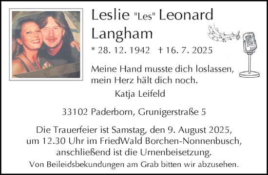 Traueranzeige von Leslie Langham von Neue Westfälische und Westfalen-Blatt