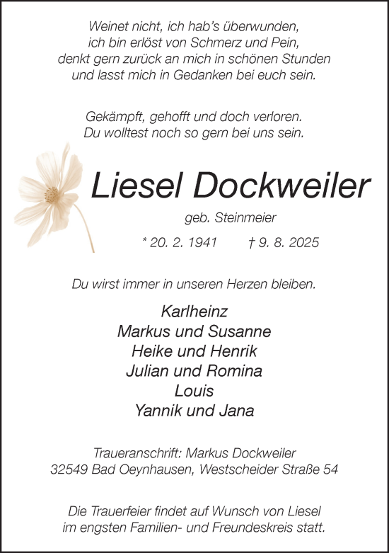 Traueranzeige von Liesel Dockweiler von Neue Westfälische und Westfalen-Blatt