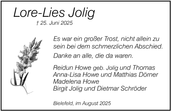 Traueranzeige von Lore-Lies Jolig von Neue Westfälische und Westfalen-Blatt