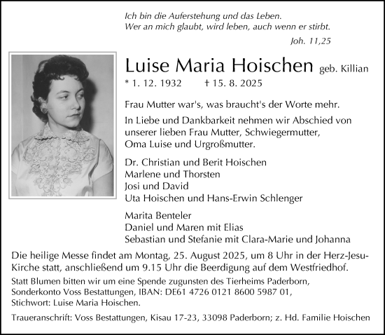 Traueranzeige von Luise Maria Hoischen von Neue Westfälische und Westfalen-Blatt